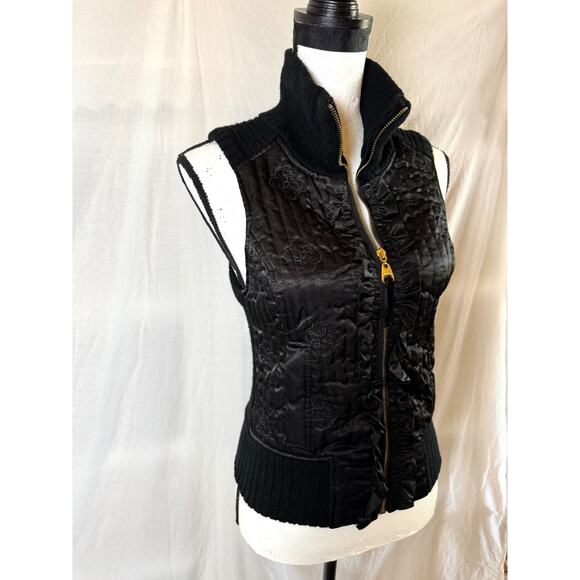 Vintage Guess Jeans Womens S Black Vest Quilted Multi Fabric Sweater High Collar - Picture 2 of 9